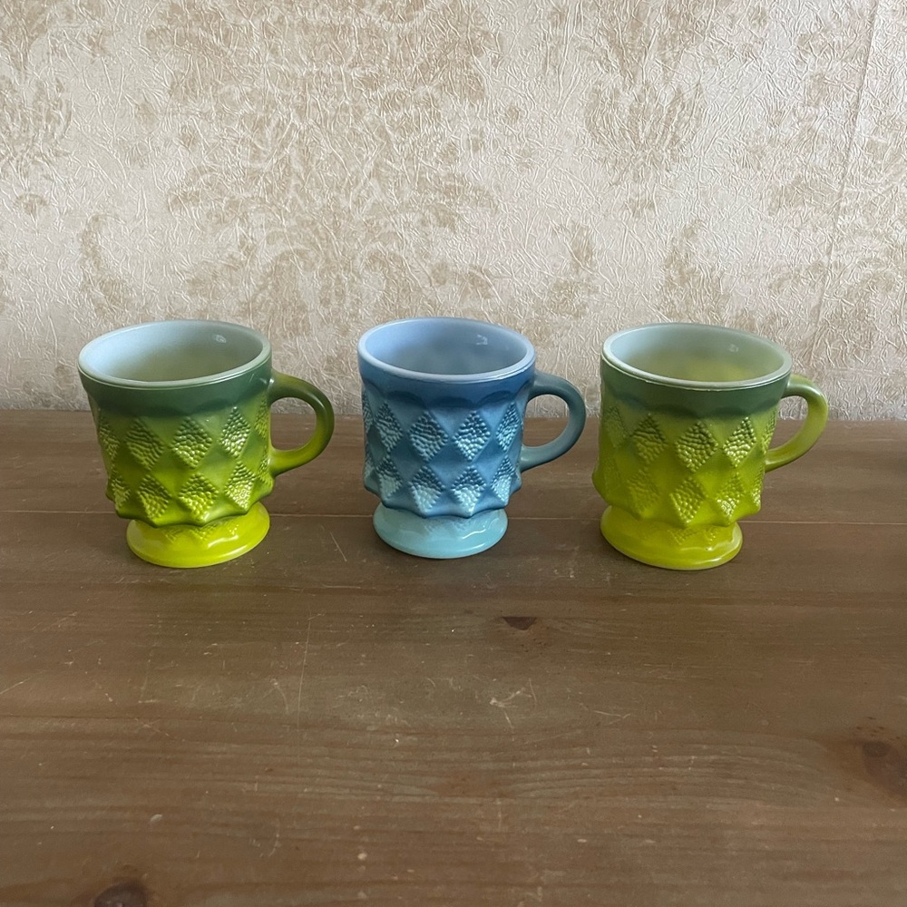 Fire King Green and Blue Textured Mugs